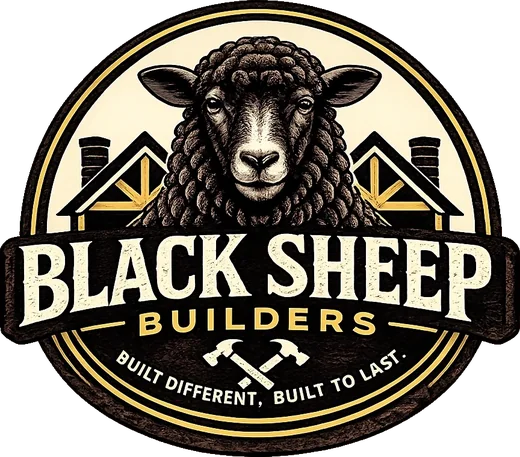 Black Sheep Builders badge: a black sheep between two gold-trussed gables, crossed hammers, Built Different, Built to Last