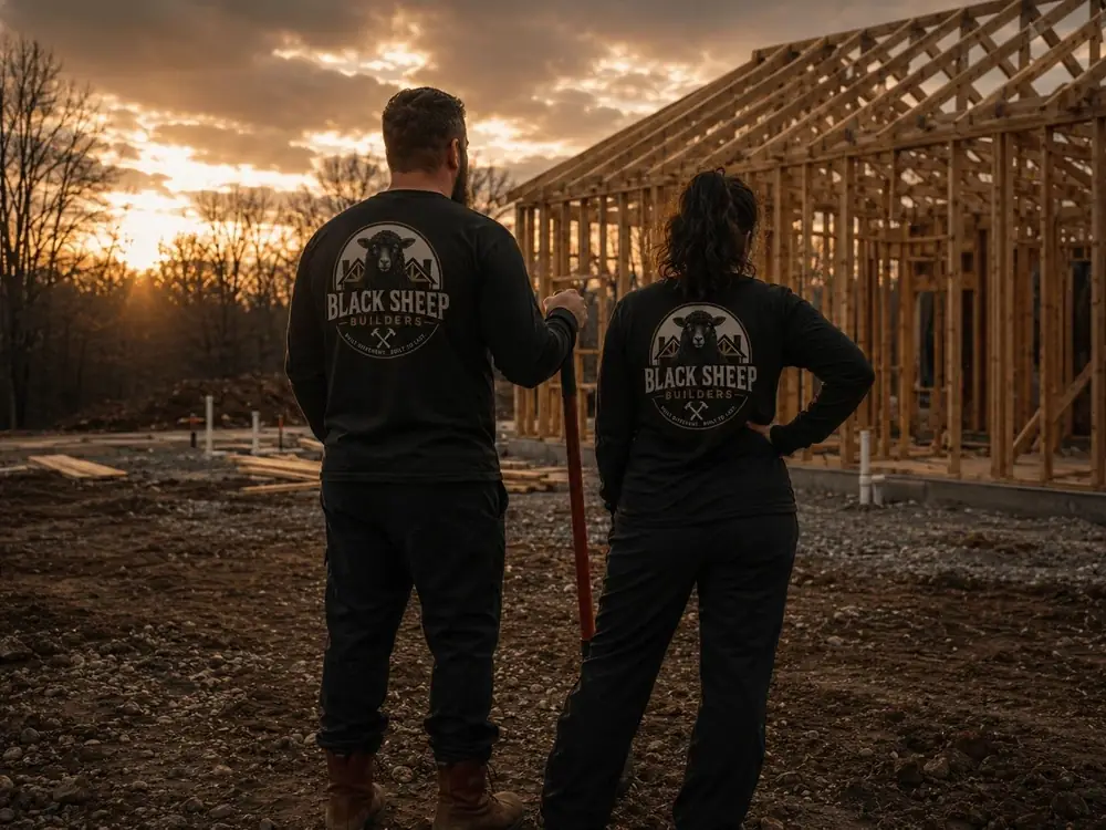Two of the Black Sheep Builders team in their black sheep shirts, watching the sun go down over a framed house