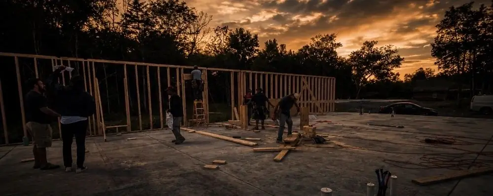 A house framed on its slab at sunset, with the crew at work